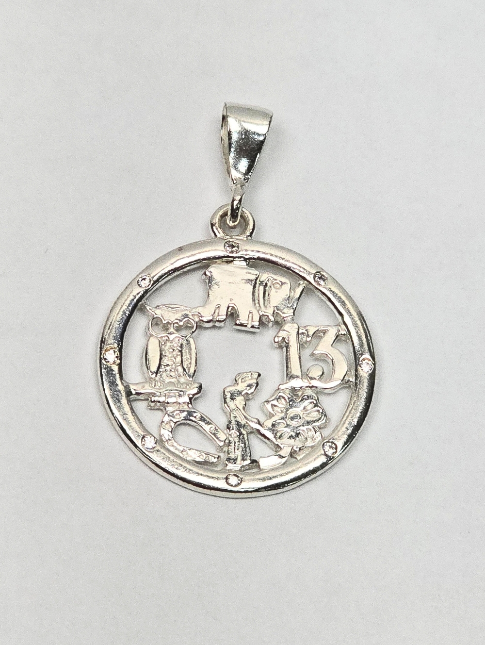 Round Lucky Charm Medal Pendant CZ 925 Mexican Sterling Silver